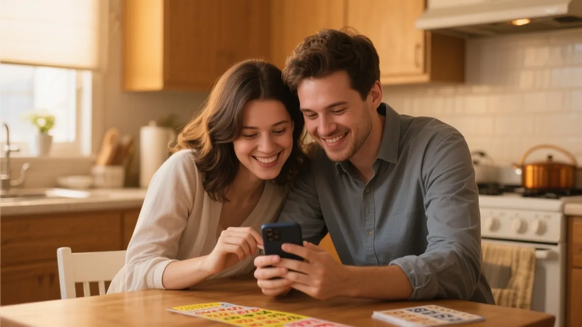 一对夫妻在温暖灯光下核对号码，分享中奖喜悦与感动